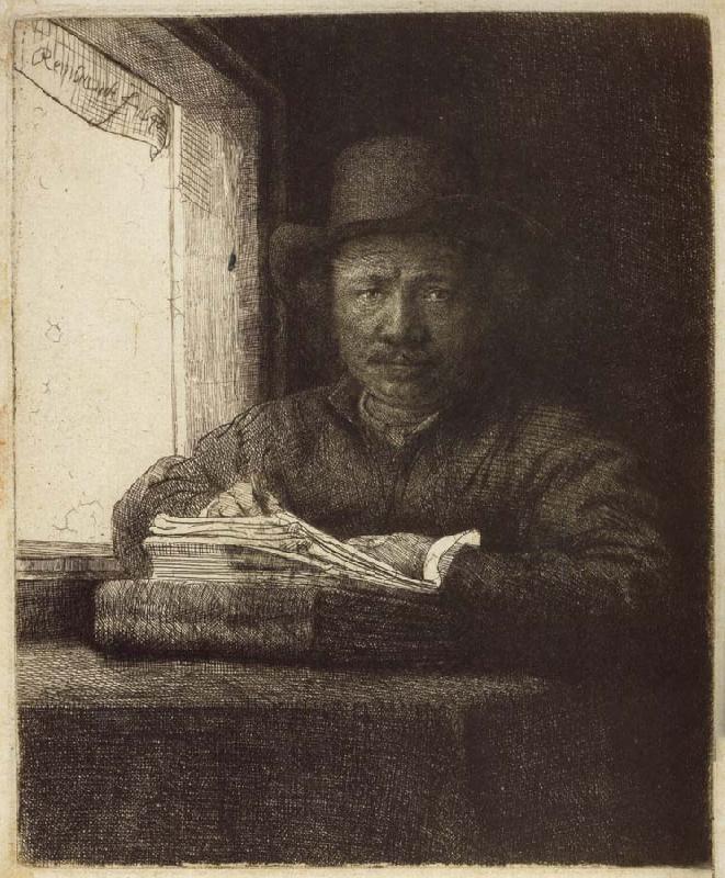REMBRANDT Harmenszoon van Rijn Self-Portrait,Etching at a Window France oil painting art